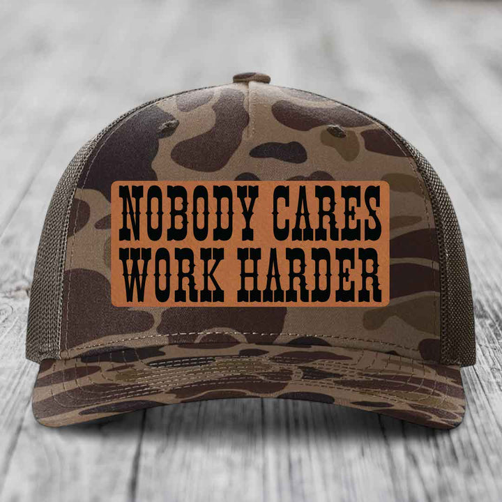 Nobody Cares, Work Harder - Leather Patch Hat - Rawhide to Black Patch - Richardson 112PFP Snapback Trucker Hat