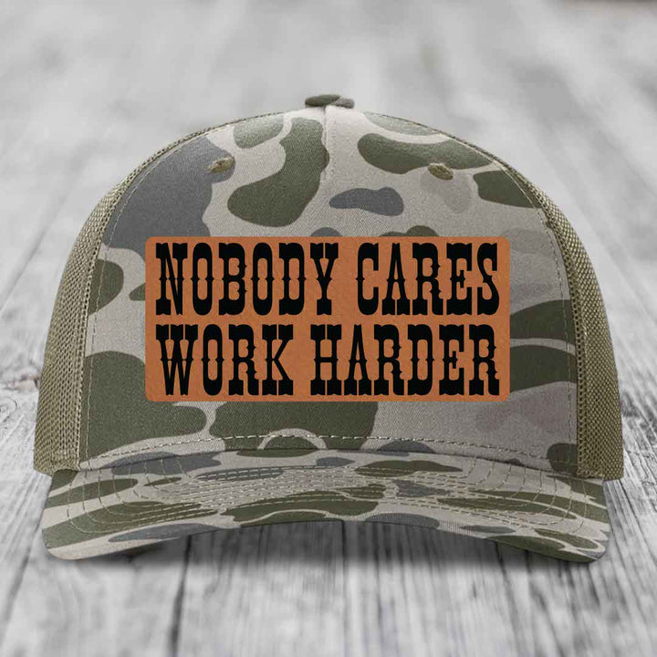 Nobody Cares, Work Harder - Leather Patch Hat - Rawhide to Black Patch - Richardson 112PFP Snapback Trucker Hat