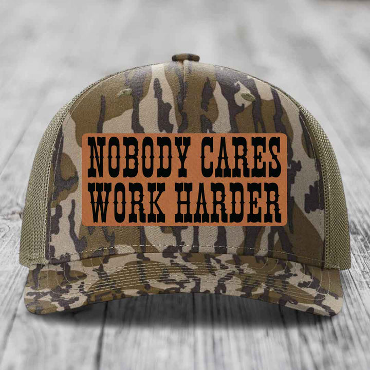 Nobody Cares, Work Harder - Leather Patch Hat - Rawhide to Black Patch - Richardson 112PFP Snapback Trucker Hat