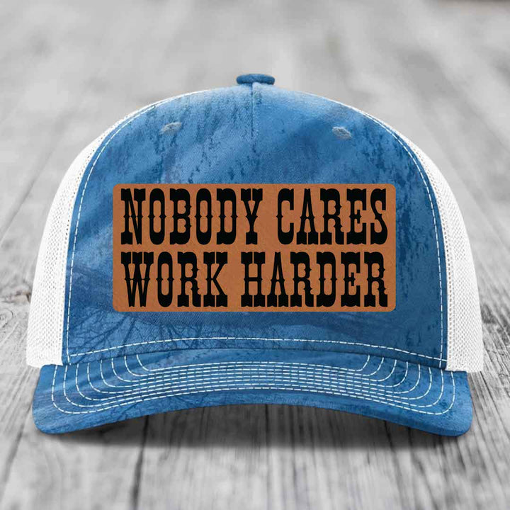 Nobody Cares, Work Harder - Leather Patch Hat - Rawhide to Black Patch - Richardson 112PFP Snapback Trucker Hat