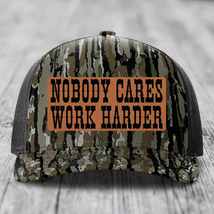 Nobody Cares, Work Harder - Leather Patch Hat - Rawhide to Black Patch - Richardson 112PFP Snapback Trucker Hat