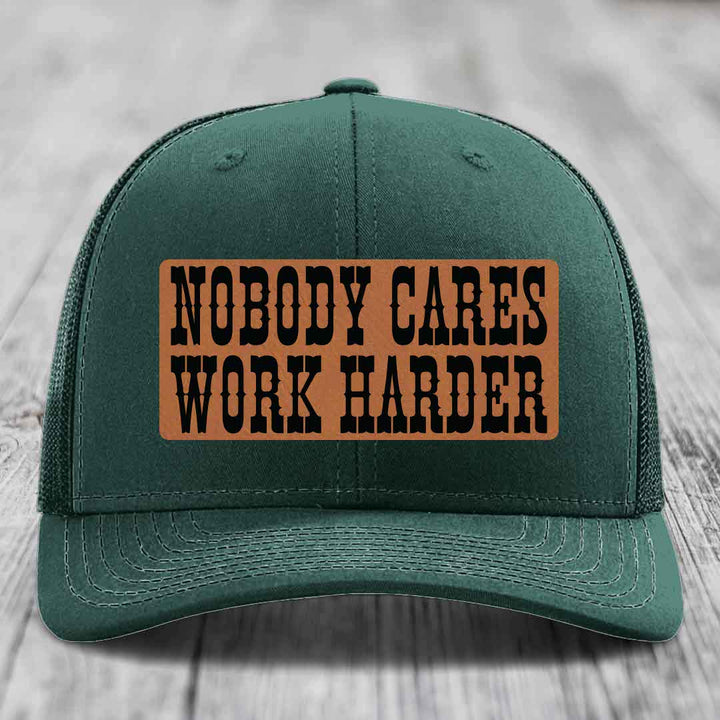 Nobody Cares, Work Harder - Leather Patch Hat - Rawhide to Black Patch - Richardson 112 Snapback Trucker Hat