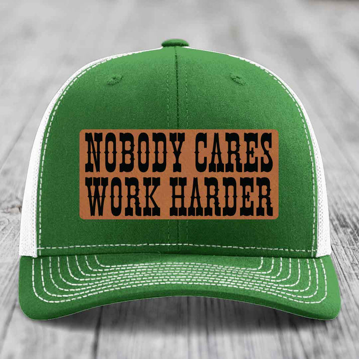 Nobody Cares, Work Harder - Leather Patch Hat - Rawhide to Black Patch - Richardson 112 Snapback Trucker Hat