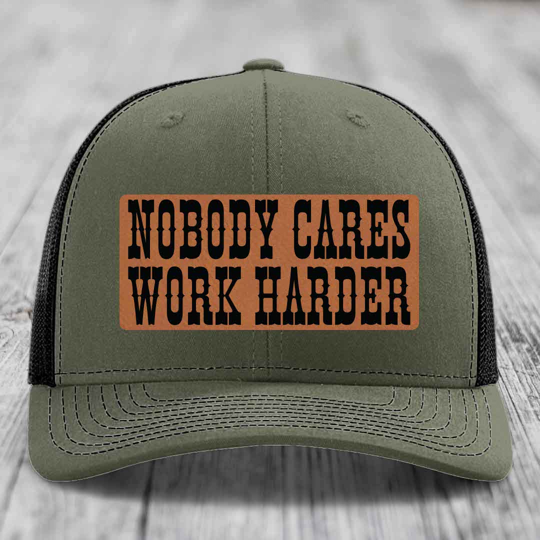 Nobody Cares, Work Harder - Leather Patch Hat - Rawhide to Black Patch - Richardson 112 Snapback Trucker Hat
