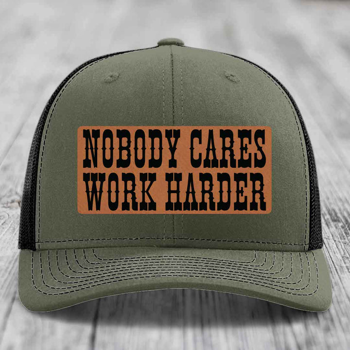 Nobody Cares, Work Harder - Leather Patch Hat - Rawhide to Black Patch - Richardson 112 Snapback Trucker Hat