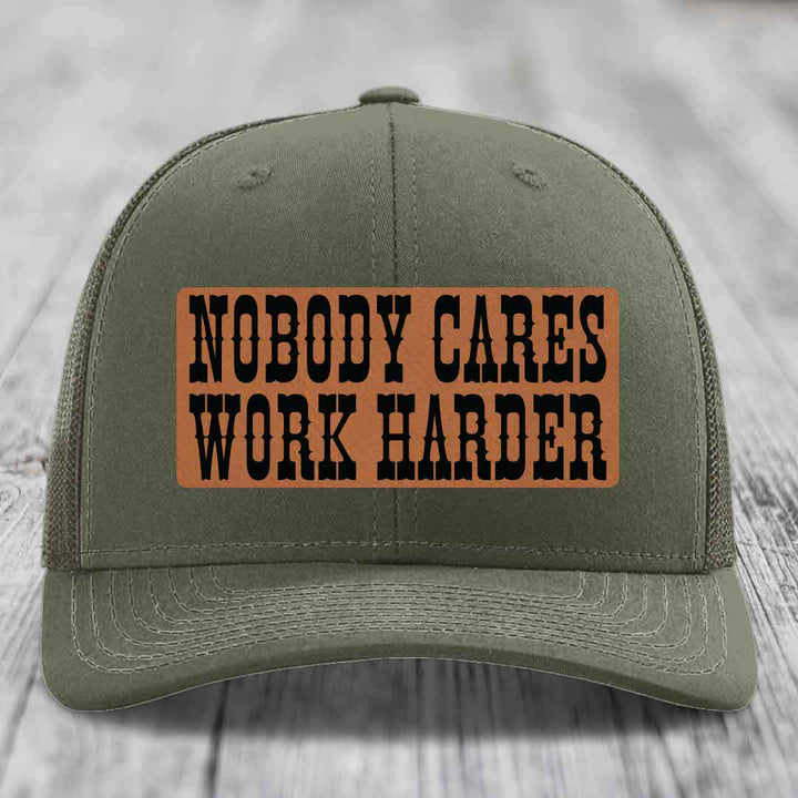 Nobody Cares, Work Harder - Leather Patch Hat - Rawhide to Black Patch - Richardson 112 Snapback Trucker Hat