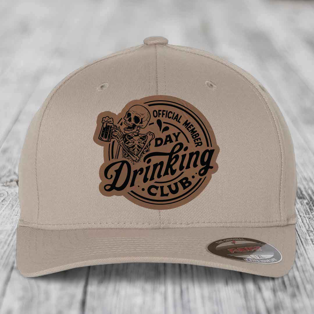 Official Member, Day Drinking Club - Leather Patch Hat - Dark Brown to Black Patch - Flexfit 6277 Fitted Hat