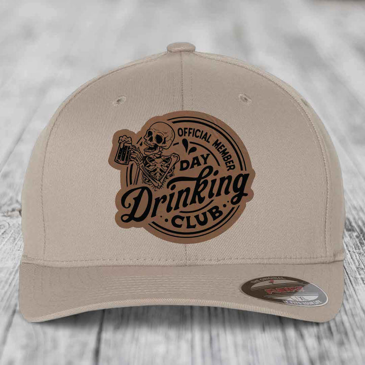 Official Member, Day Drinking Club - Leather Patch Hat - Dark Brown to Black Patch - Flexfit 6277 Fitted Hat