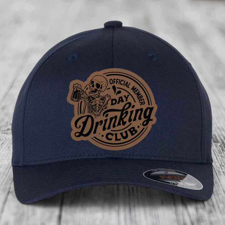 Official Member, Day Drinking Club - Leather Patch Hat - Dark Brown to Black Patch - Flexfit 6277 Fitted Hat