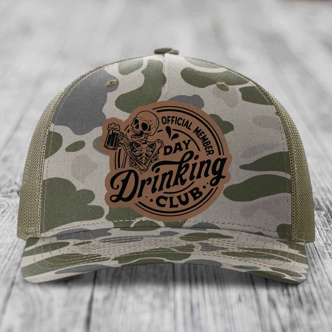 Official Member, Day Drinking Club - Leather Patch Hat - Dark Brown to Black Patch - Richardson 112PFP Snapback Trucker Hat