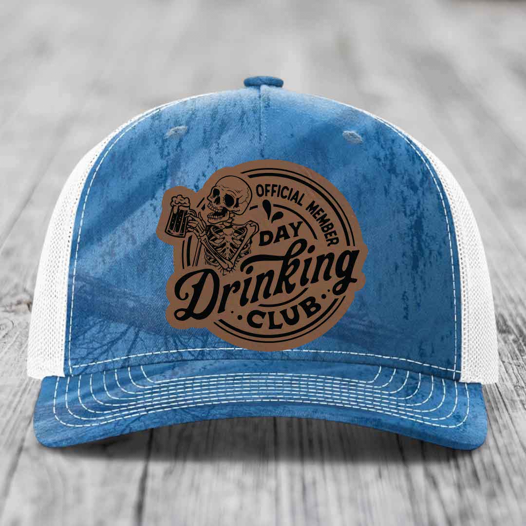 Official Member, Day Drinking Club - Leather Patch Hat - Dark Brown to Black Patch - Richardson 112PFP Snapback Trucker Hat