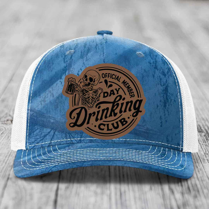 Official Member, Day Drinking Club - Leather Patch Hat - Dark Brown to Black Patch - Richardson 112PFP Snapback Trucker Hat