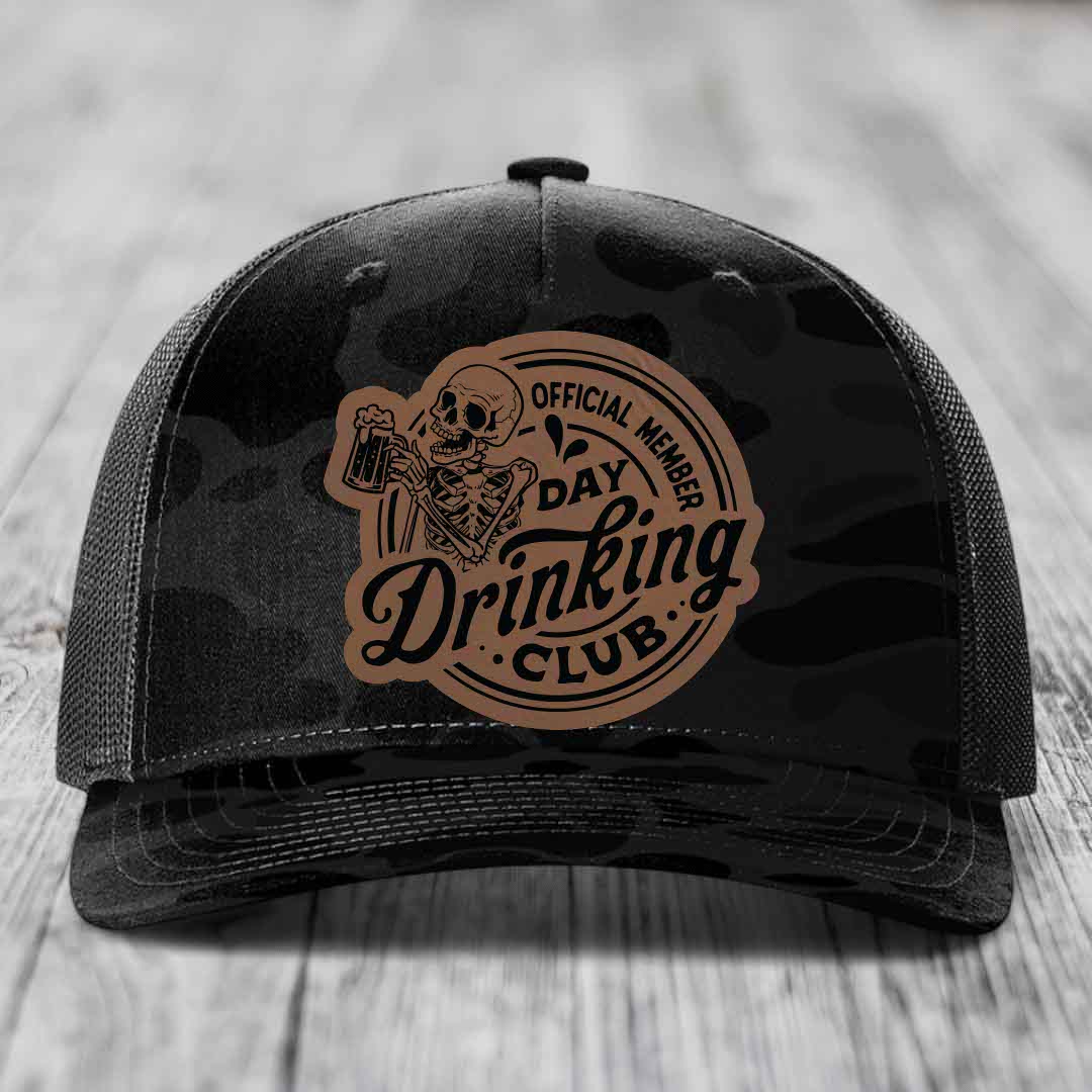 Official Member, Day Drinking Club - Leather Patch Hat - Dark Brown to Black Patch - Richardson 112PFP Snapback Trucker Hat