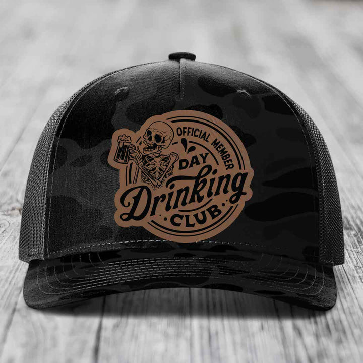 Official Member, Day Drinking Club - Leather Patch Hat - Dark Brown to Black Patch - Richardson 112PFP Snapback Trucker Hat