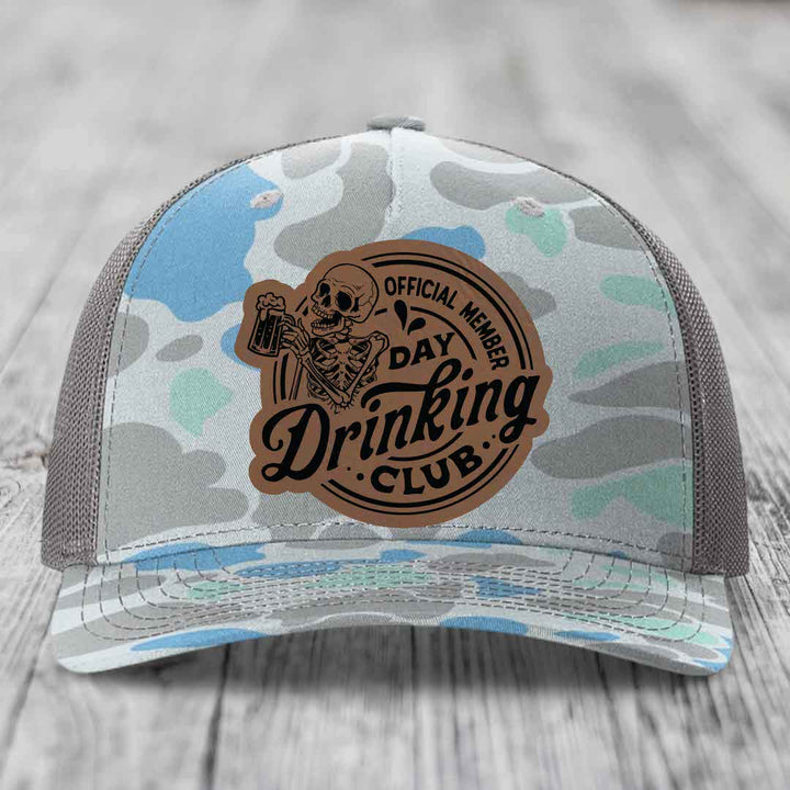 Official Member, Day Drinking Club - Leather Patch Hat - Dark Brown to Black Patch - Richardson 112PFP Snapback Trucker Hat