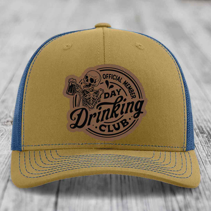 Official Member, Day Drinking Club - Leather Patch Hat - Dark Brown to Black Patch - Richardson 112 Snapback Trucker Hat