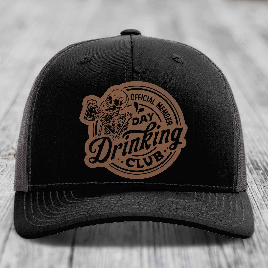 Official Member, Day Drinking Club - Leather Patch Hat - Dark Brown to Black Patch - Richardson 112 Snapback Trucker Hat