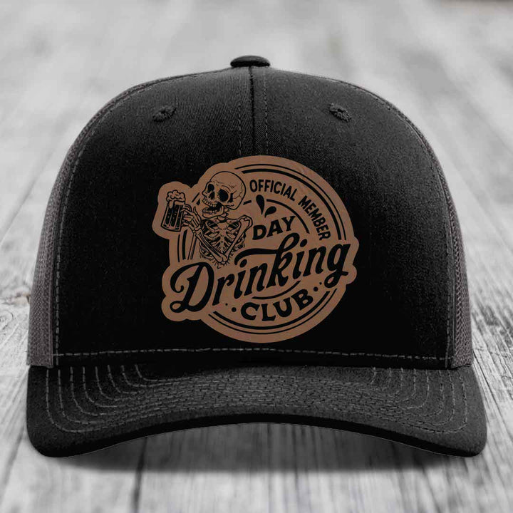 Official Member, Day Drinking Club - Leather Patch Hat - Dark Brown to Black Patch - Richardson 112 Snapback Trucker Hat