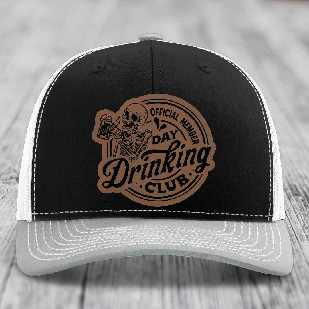 Official Member, Day Drinking Club - Leather Patch Hat - Dark Brown to Black Patch - Richardson 112 Snapback Trucker Hat