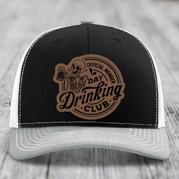 Official Member, Day Drinking Club - Leather Patch Hat - Dark Brown to Black Patch - Richardson 112 Snapback Trucker Hat