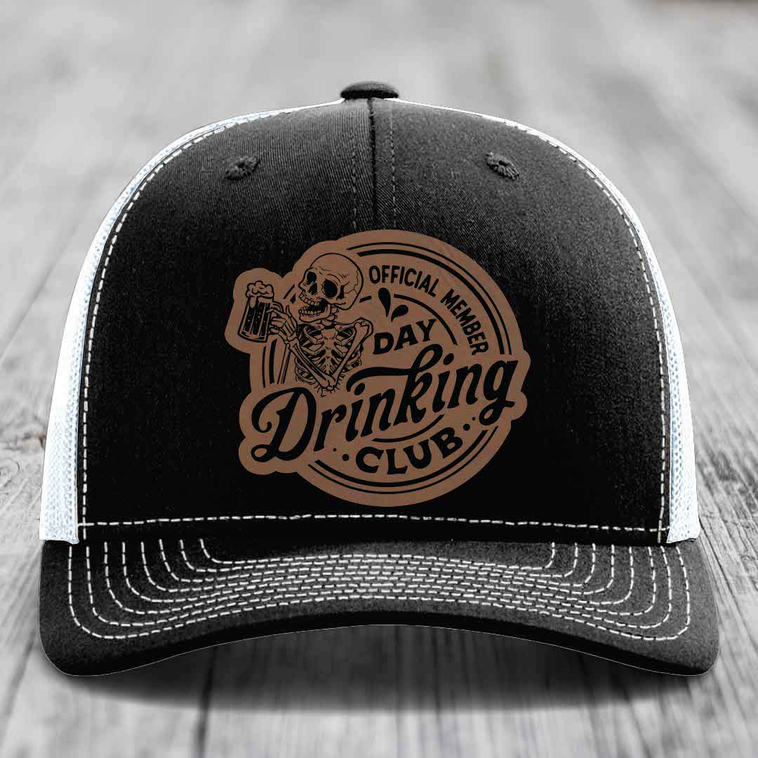 Official Member, Day Drinking Club - Leather Patch Hat - Dark Brown to Black Patch - Richardson 112 Snapback Trucker Hat