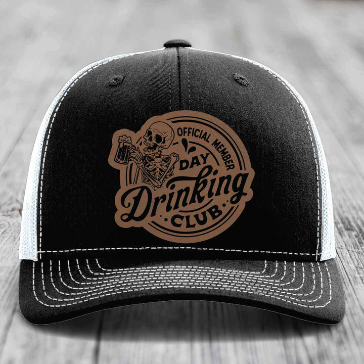 Official Member, Day Drinking Club - Leather Patch Hat - Dark Brown to Black Patch - Richardson 112 Snapback Trucker Hat
