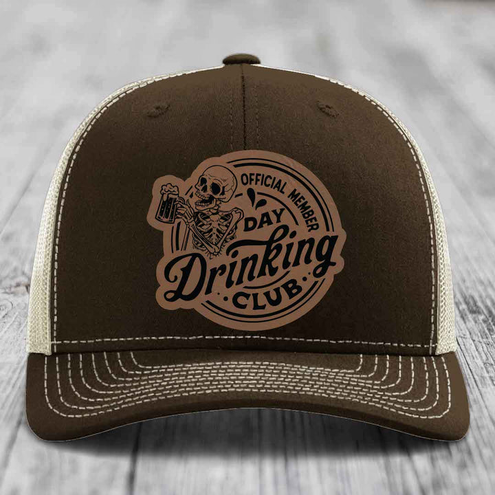 Official Member, Day Drinking Club - Leather Patch Hat - Dark Brown to Black Patch - Richardson 112 Snapback Trucker Hat