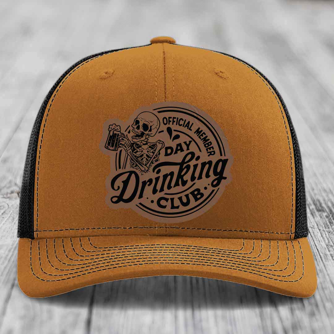 Official Member, Day Drinking Club - Leather Patch Hat - Dark Brown to Black Patch - Richardson 112 Snapback Trucker Hat