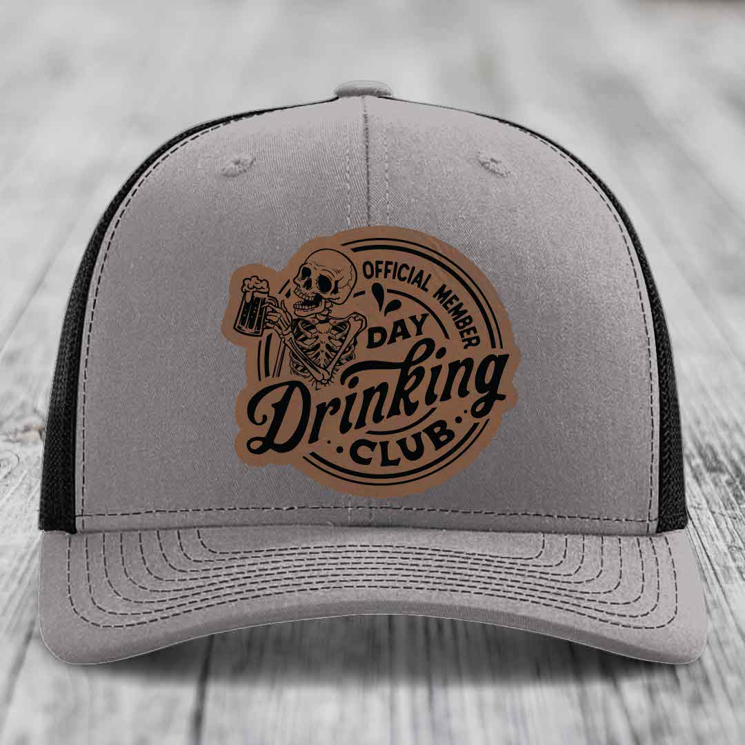Official Member, Day Drinking Club - Leather Patch Hat - Dark Brown to Black Patch - Richardson 112 Snapback Trucker Hat