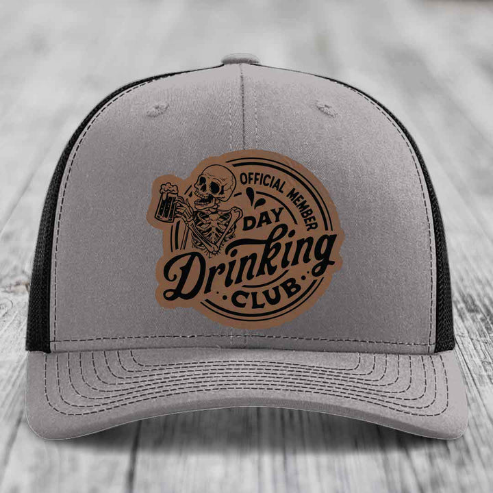 Official Member, Day Drinking Club - Leather Patch Hat - Dark Brown to Black Patch - Richardson 112 Snapback Trucker Hat