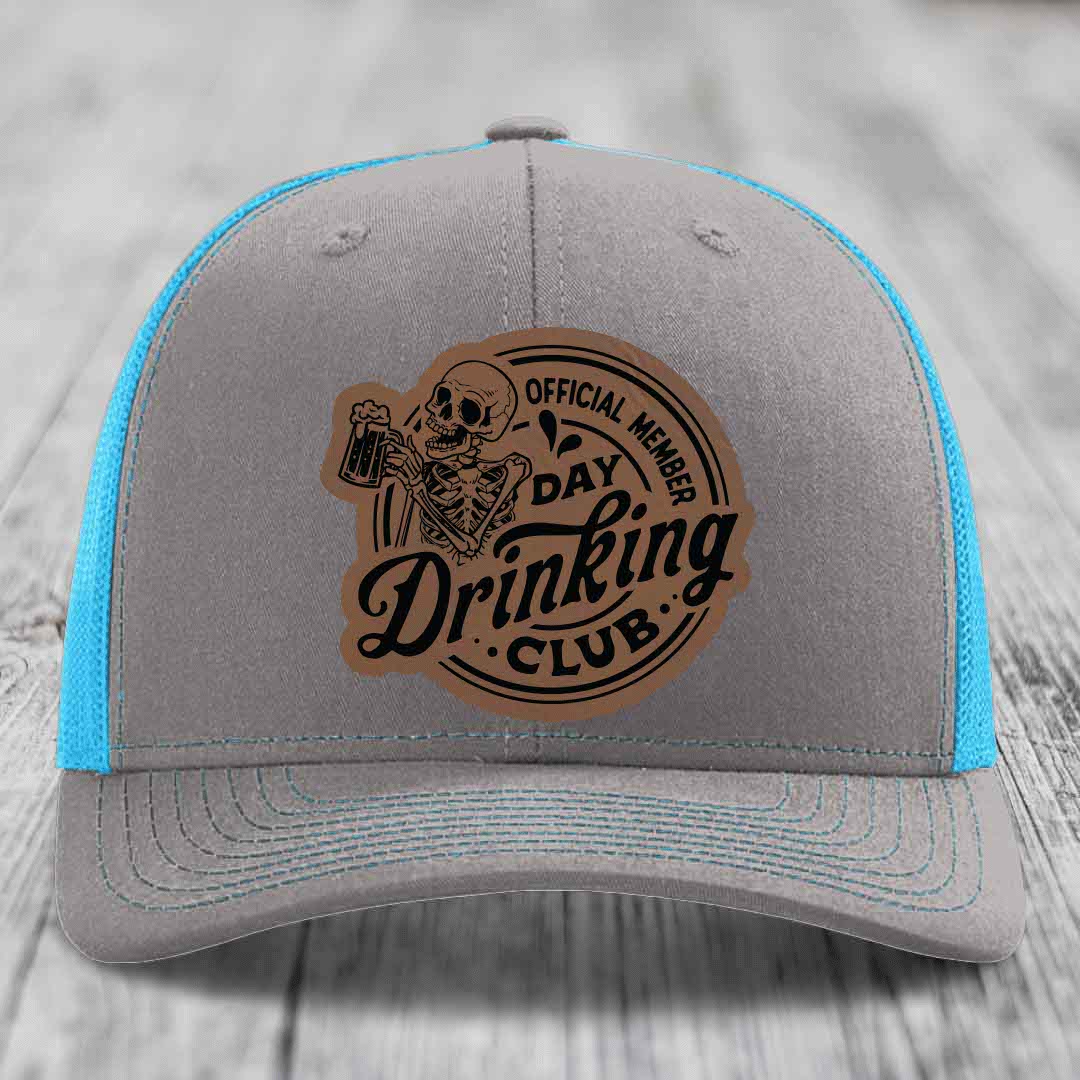 Official Member, Day Drinking Club - Leather Patch Hat - Dark Brown to Black Patch - Richardson 112 Snapback Trucker Hat