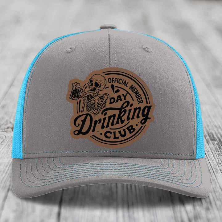 Official Member, Day Drinking Club - Leather Patch Hat - Dark Brown to Black Patch - Richardson 112 Snapback Trucker Hat