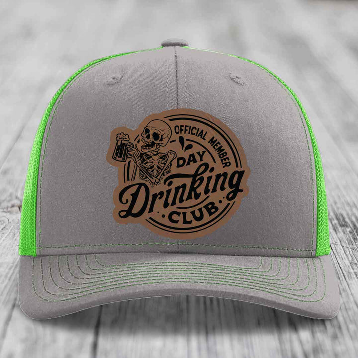 Official Member, Day Drinking Club - Leather Patch Hat - Dark Brown to Black Patch - Richardson 112 Snapback Trucker Hat