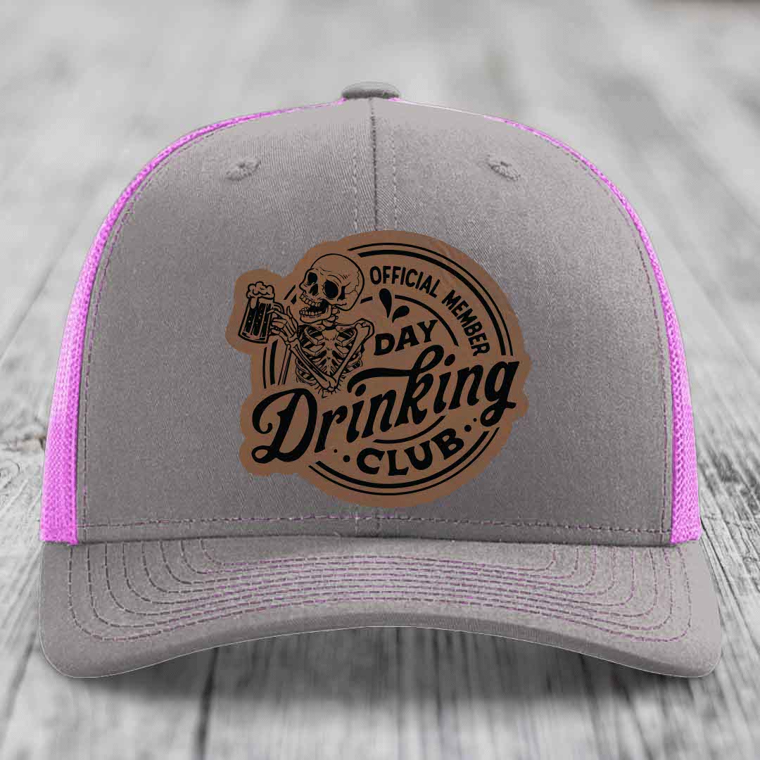 Official Member, Day Drinking Club - Leather Patch Hat - Dark Brown to Black Patch - Richardson 112 Snapback Trucker Hat