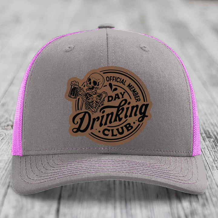 Official Member, Day Drinking Club - Leather Patch Hat - Dark Brown to Black Patch - Richardson 112 Snapback Trucker Hat