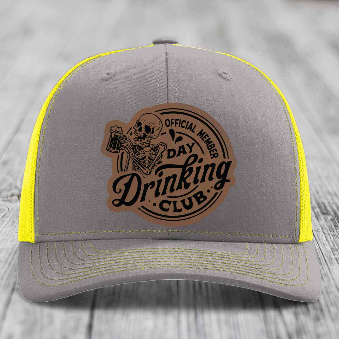 Official Member, Day Drinking Club - Leather Patch Hat - Dark Brown to Black Patch - Richardson 112 Snapback Trucker Hat