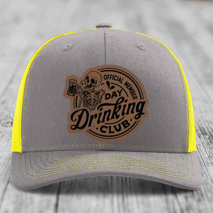 Official Member, Day Drinking Club - Leather Patch Hat - Dark Brown to Black Patch - Richardson 112 Snapback Trucker Hat
