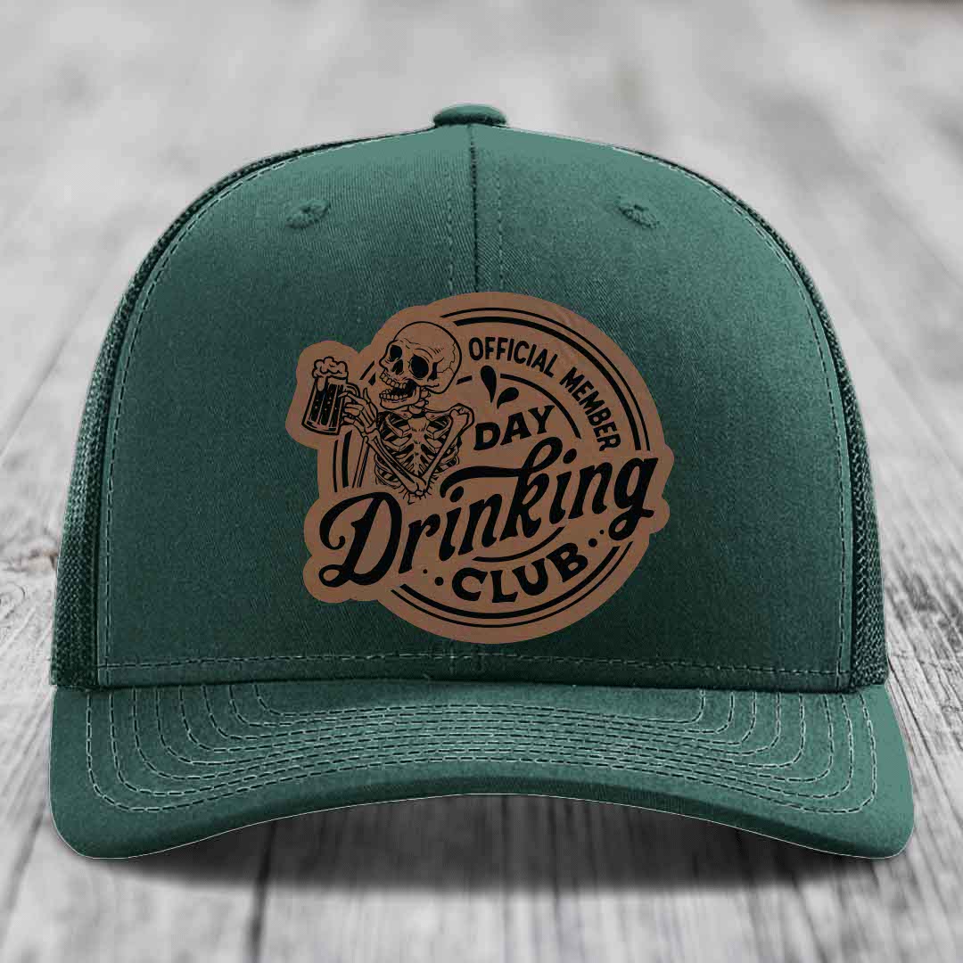 Official Member, Day Drinking Club - Leather Patch Hat - Dark Brown to Black Patch - Richardson 112 Snapback Trucker Hat