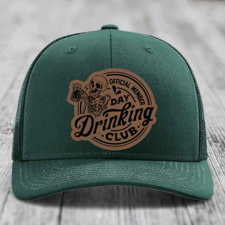 Official Member, Day Drinking Club - Leather Patch Hat - Dark Brown to Black Patch - Richardson 112 Snapback Trucker Hat