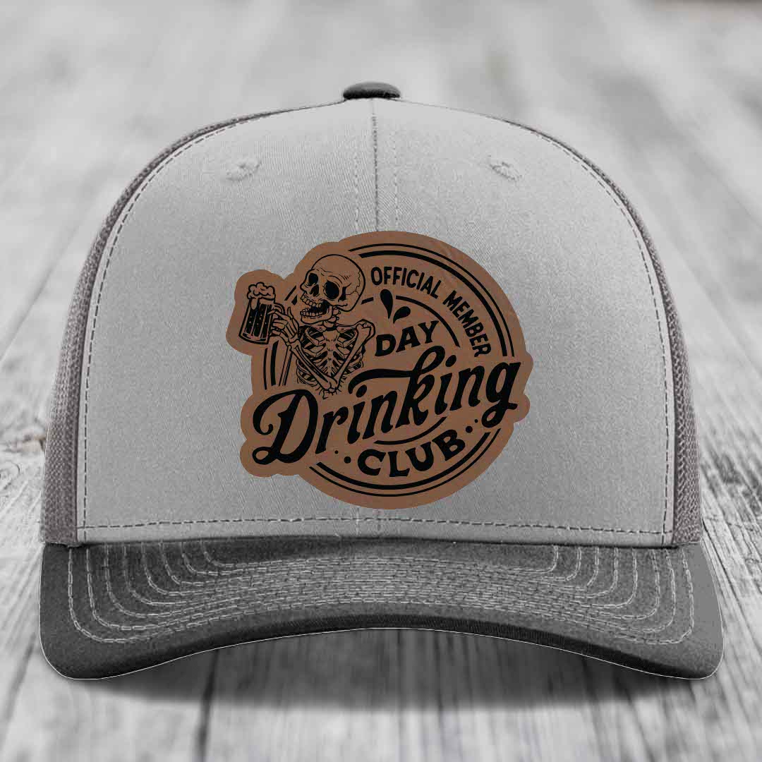 Official Member, Day Drinking Club - Leather Patch Hat - Dark Brown to Black Patch - Richardson 112 Snapback Trucker Hat
