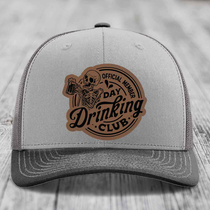 Official Member, Day Drinking Club - Leather Patch Hat - Dark Brown to Black Patch - Richardson 112 Snapback Trucker Hat