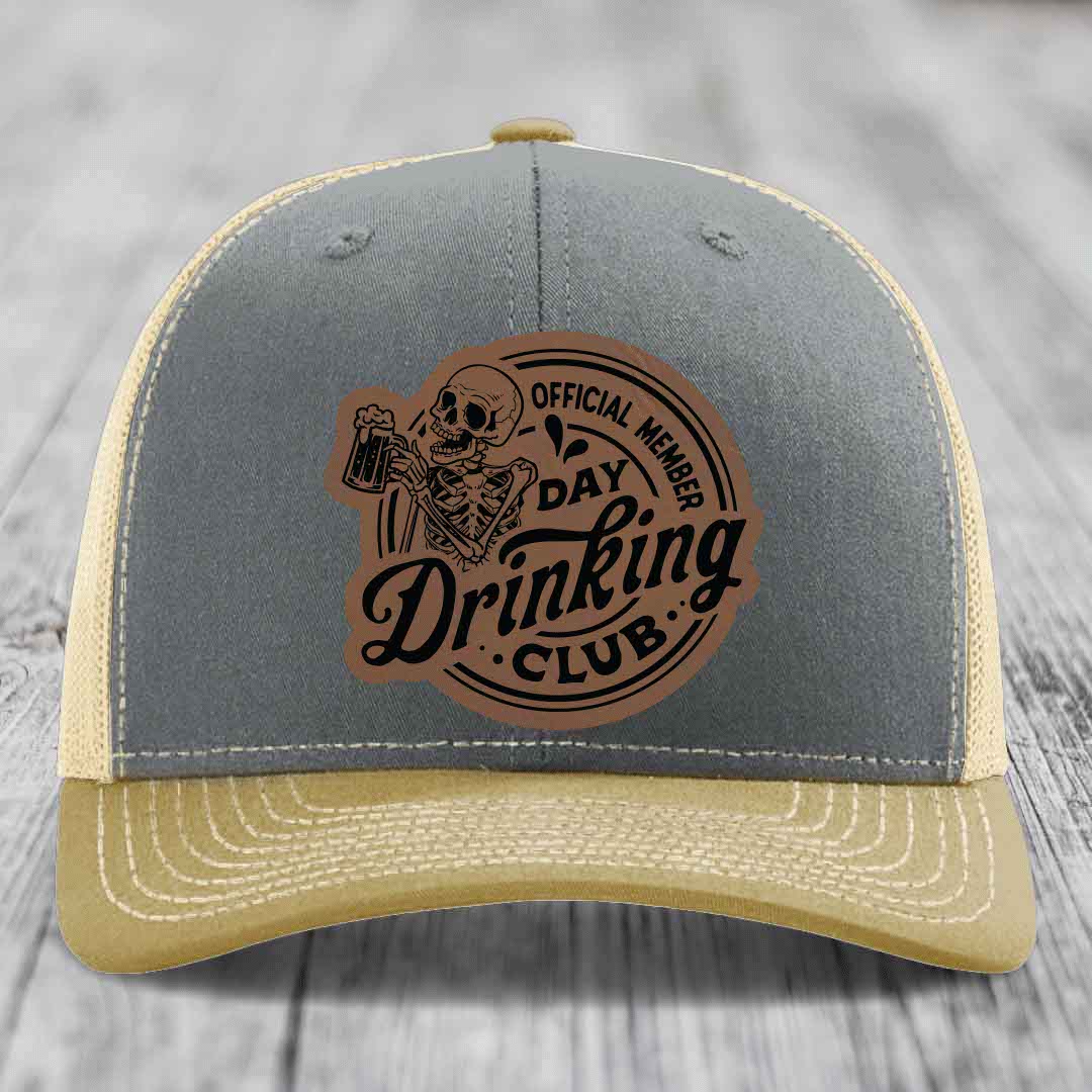 Official Member, Day Drinking Club - Leather Patch Hat - Dark Brown to Black Patch - Richardson 112 Snapback Trucker Hat