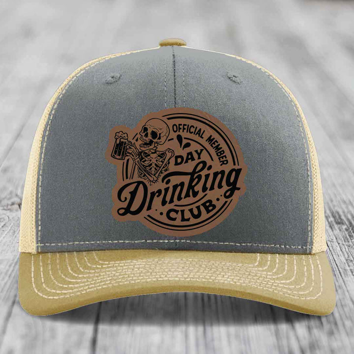 Official Member, Day Drinking Club - Leather Patch Hat - Dark Brown to Black Patch - Richardson 112 Snapback Trucker Hat