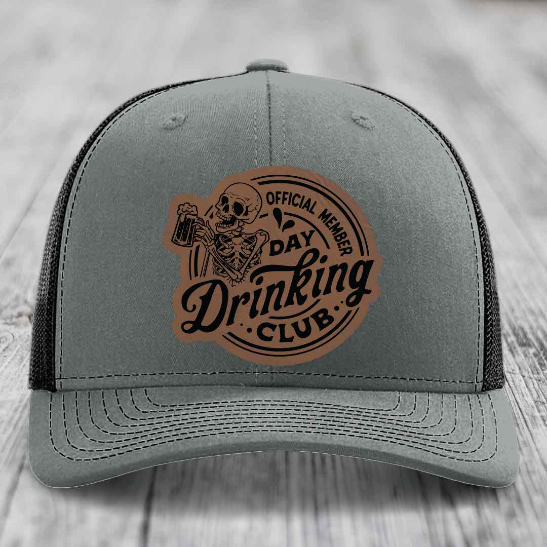 Official Member, Day Drinking Club - Leather Patch Hat - Dark Brown to Black Patch - Richardson 112 Snapback Trucker Hat