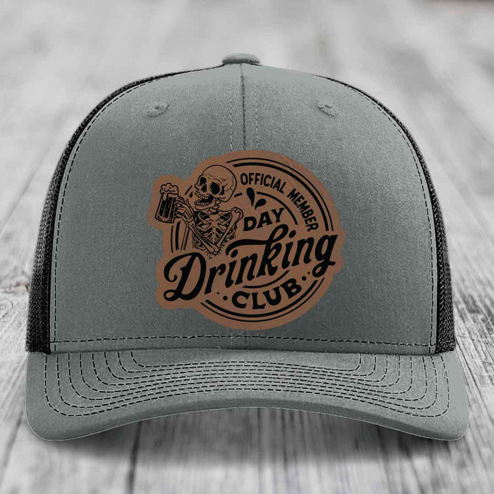Official Member, Day Drinking Club - Leather Patch Hat - Dark Brown to Black Patch - Richardson 112 Snapback Trucker Hat