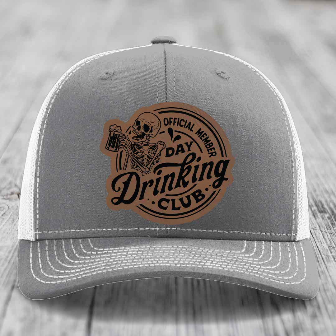 Official Member, Day Drinking Club - Leather Patch Hat - Dark Brown to Black Patch - Richardson 112 Snapback Trucker Hat