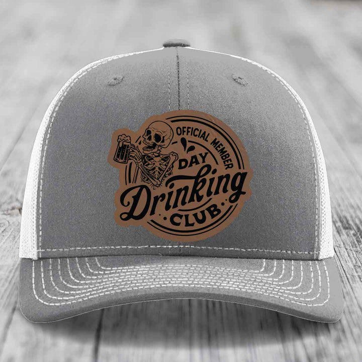 Official Member, Day Drinking Club - Leather Patch Hat - Dark Brown to Black Patch - Richardson 112 Snapback Trucker Hat