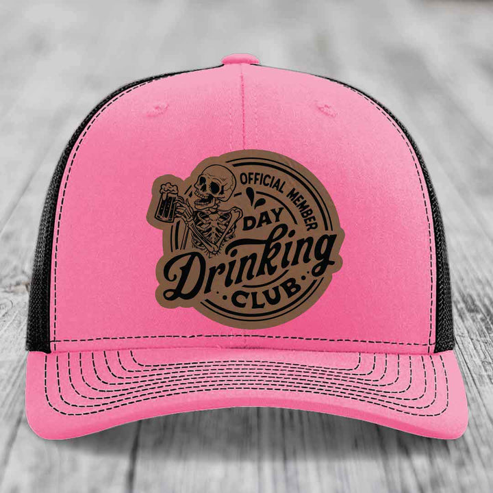 Official Member, Day Drinking Club - Leather Patch Hat - Dark Brown to Black Patch - Richardson 112 Snapback Trucker Hat