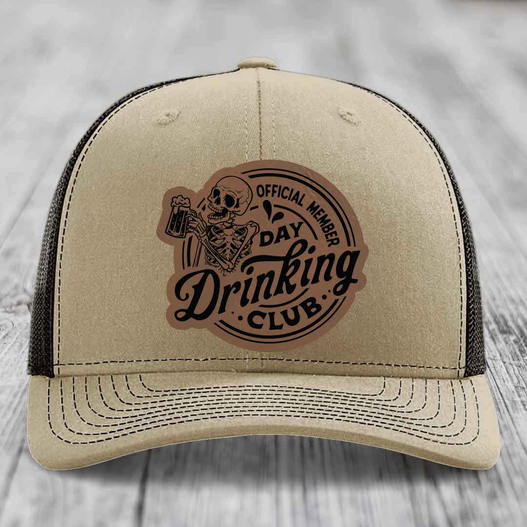 Official Member, Day Drinking Club - Leather Patch Hat - Dark Brown to Black Patch - Richardson 112 Snapback Trucker Hat
