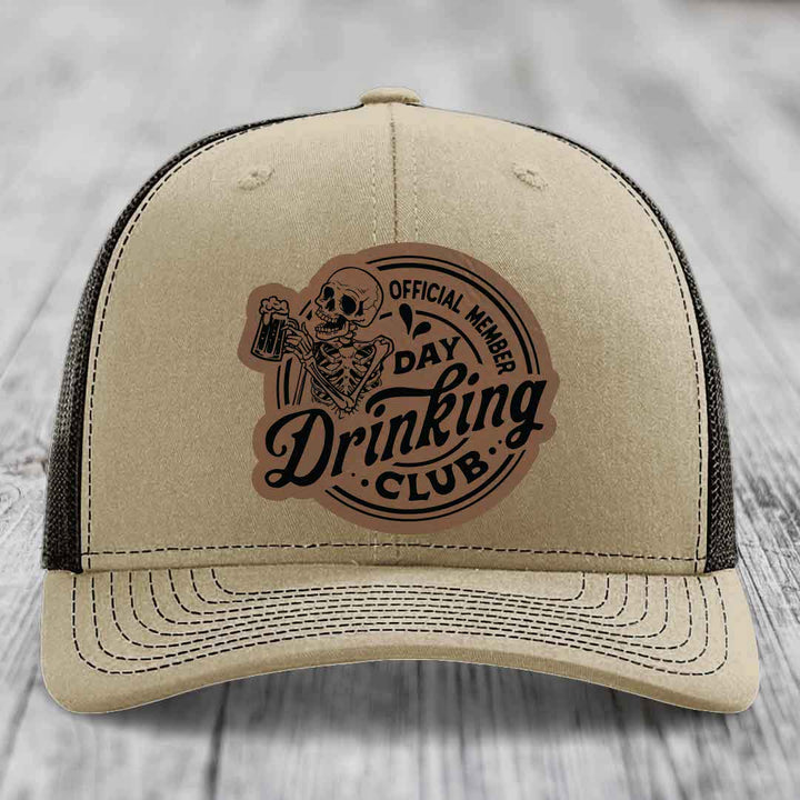 Official Member, Day Drinking Club - Leather Patch Hat - Dark Brown to Black Patch - Richardson 112 Snapback Trucker Hat